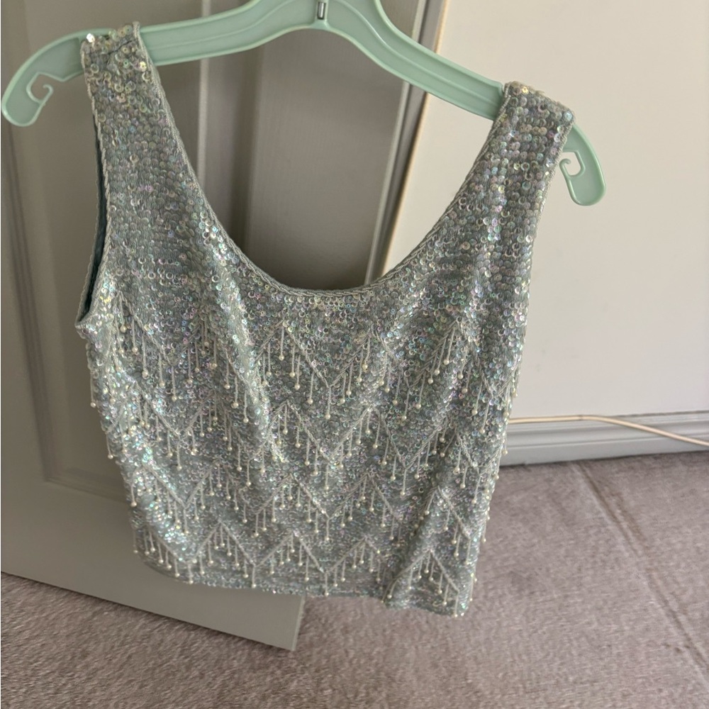 Sequin Embellished Silver Tank Top